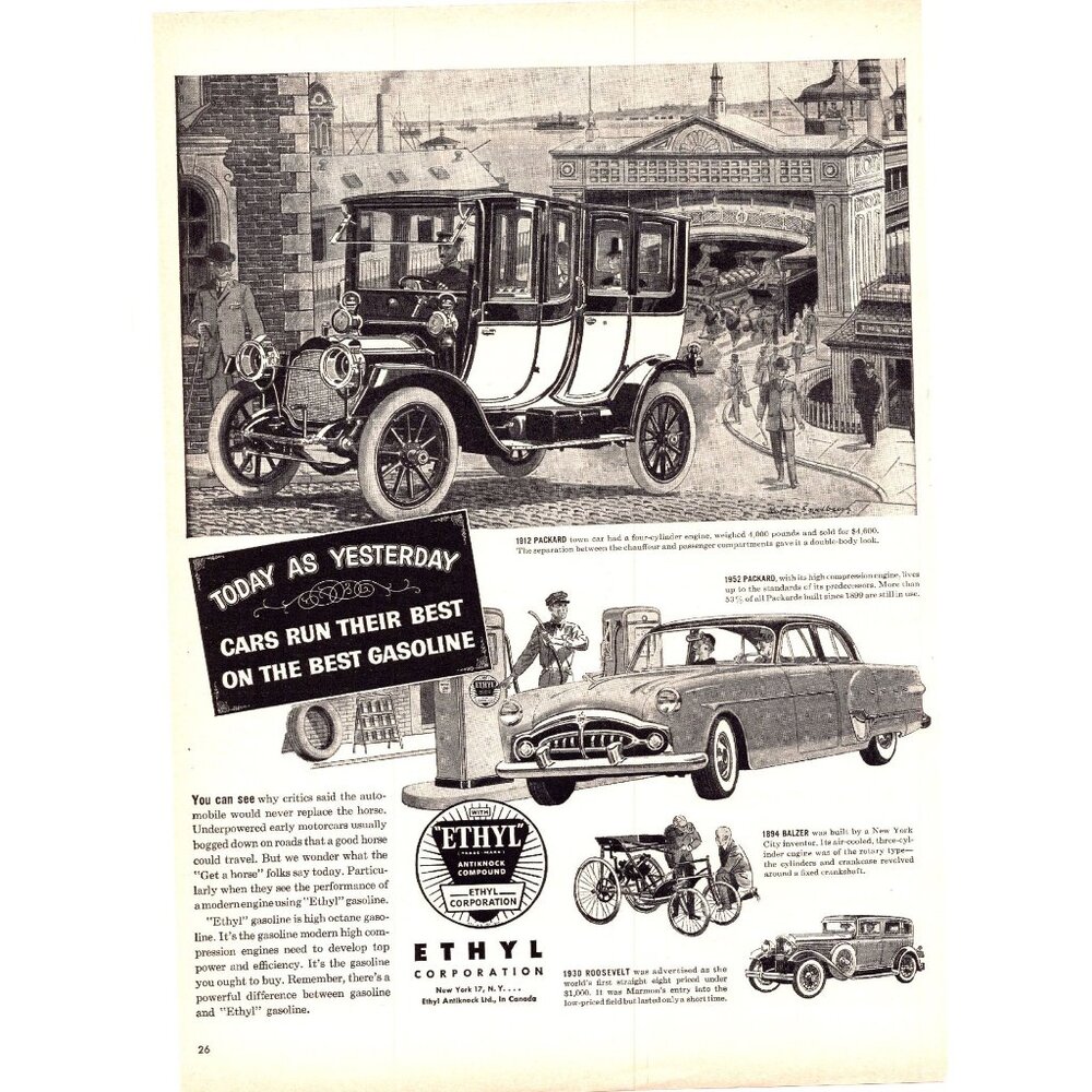 1952 Ethyl Gas Gasoline 1912 Packard Car Ferry Harbor Vintage Print Ad Wall Art